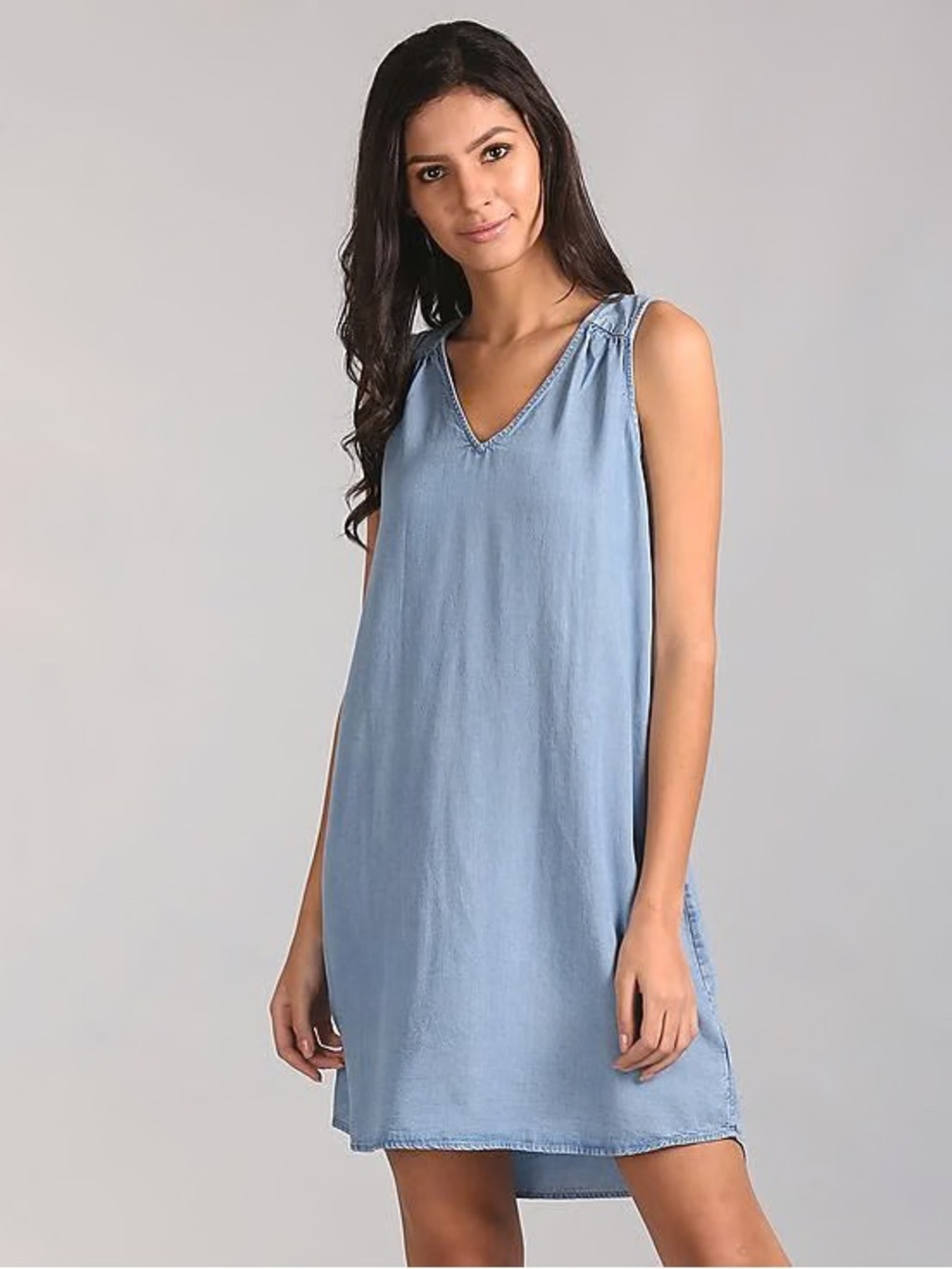 GAP Sleeveless Vneck Shift Dress XS Medium Indigo Blue Tencel Back Bow Tie